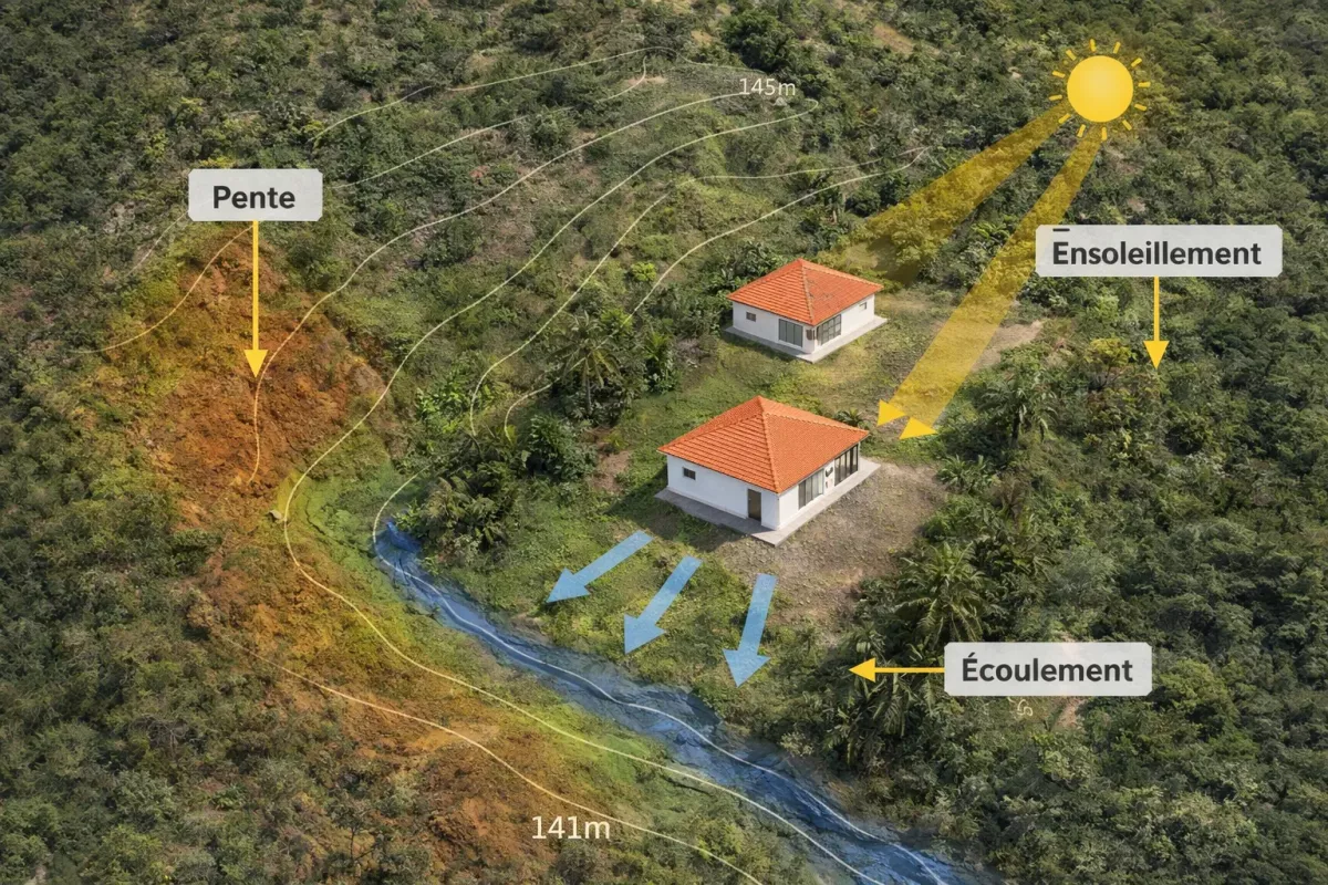 Étude d’implantation de bâtiment par drone : analyse de la pente, de l’écoulement et de l’ensoleillement Orthophotographie drone d’une parcelle analysée dans un SIG (QGIS) montrant la pente du terrain, l’écoulement des eaux et l’ensoleillement pour optimiser l’implantation d’un bâtiment.