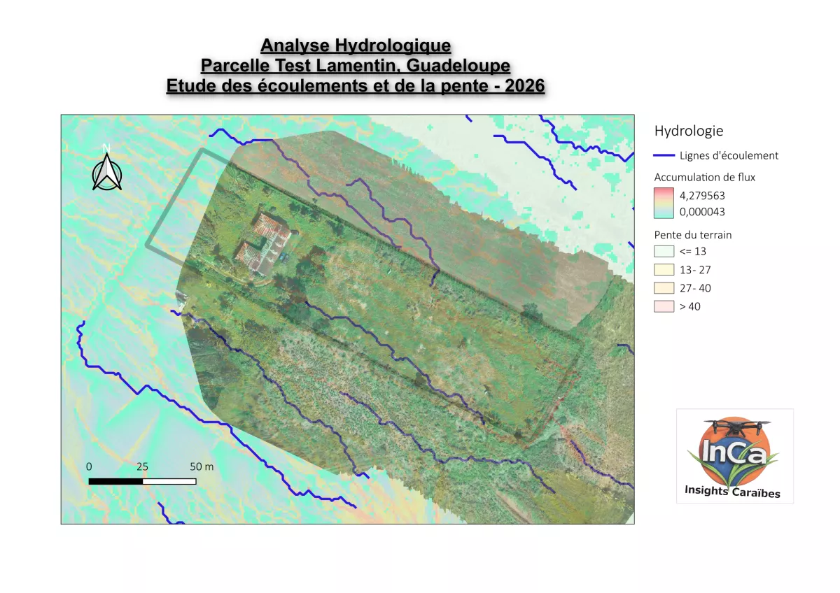 Analyse SIG sous QGIS sur orthophoto drone montrant pentes et écoulements pour étude d’implantation et ruissellement.