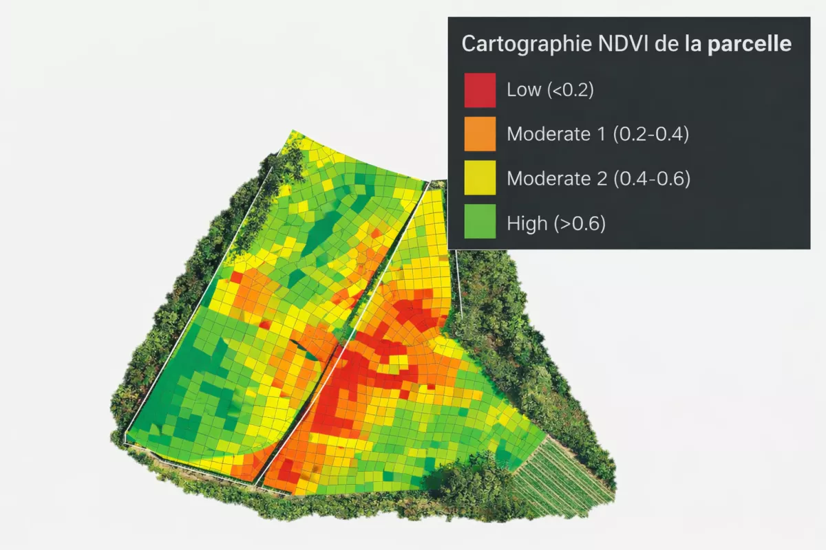 Cartographie NDVI de parcelle par drone Cartographie NDVI d’une parcelle agricole réalisée par drone montrant la variabilité de la vigueur végétale pour optimiser les apports et le rendement.