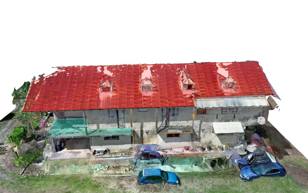 Modélisation 3D photogrammétrique d’un bâtiment obtenue par drone pour audit technique et assurance.